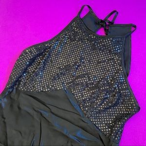 Vintage 80s 90s Solid Black Sequin Satin Open Back Cocktail Dress